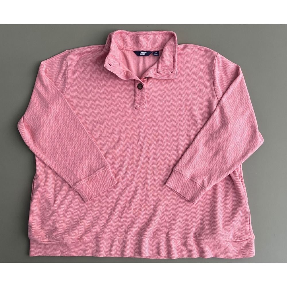 Lands End Soft Pink Herringbone Quarter Button Henley Pullover Top 1X 16W-18W